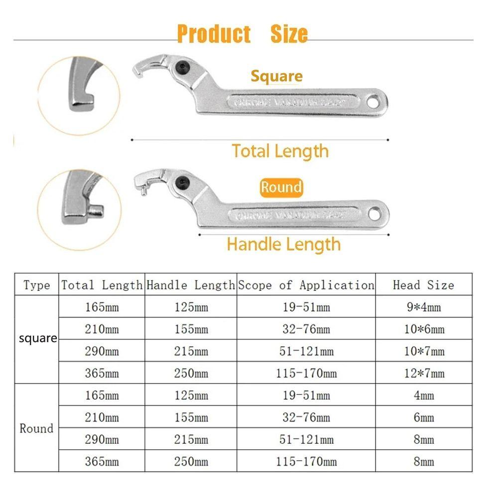 Set Round/Square Head Hook Wrench Screw Nuts Tool Adjuster Hook Spanner 19-170mm C Shape Adjustable Universal Wrench Hand Tool