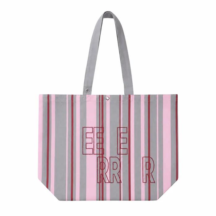 Weekend warrior stripe embroid canvas tote-bag (Pink gray)
