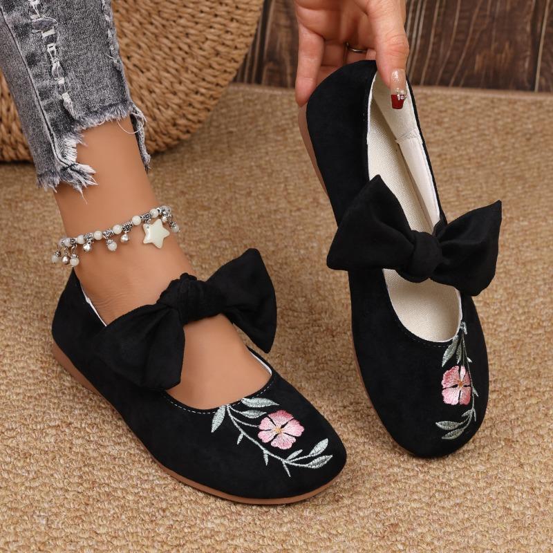 Fashion Embroidered Mary Jane Shoes for Women Spring Bow Color-matched Lace-up New Satin Soft Sole Flat Single Shoes for Women