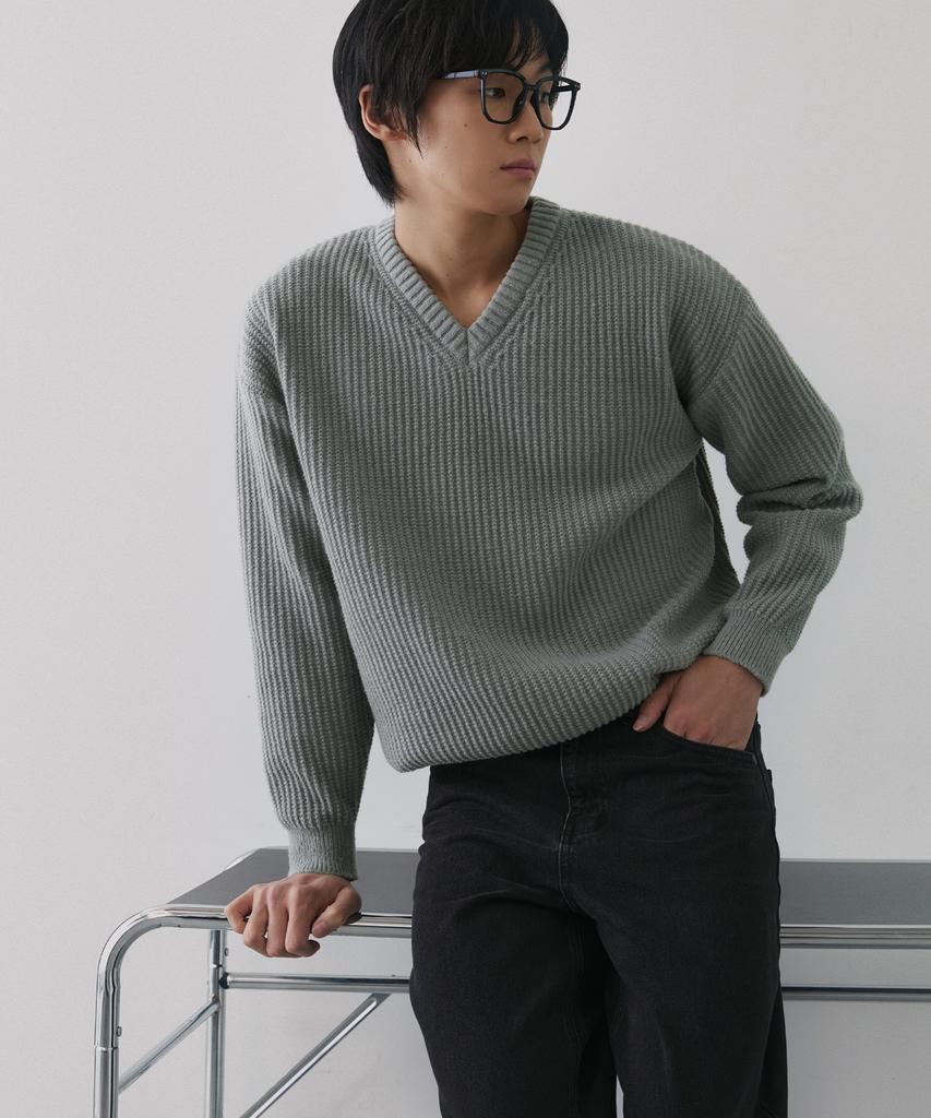 NODU V-Neck Waffle Essential Knit [Gray]