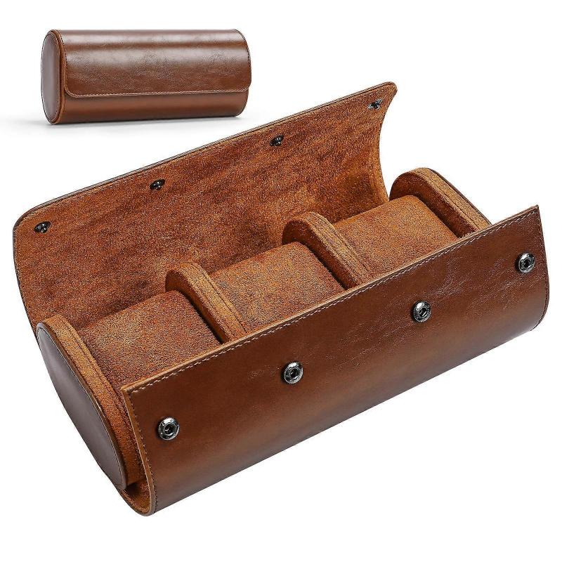Watch Travel Men Watch Storage Box Portable Round Design For Personal Use 22.00X10.00X7.50CM Brown Elastic Pu 1Pc