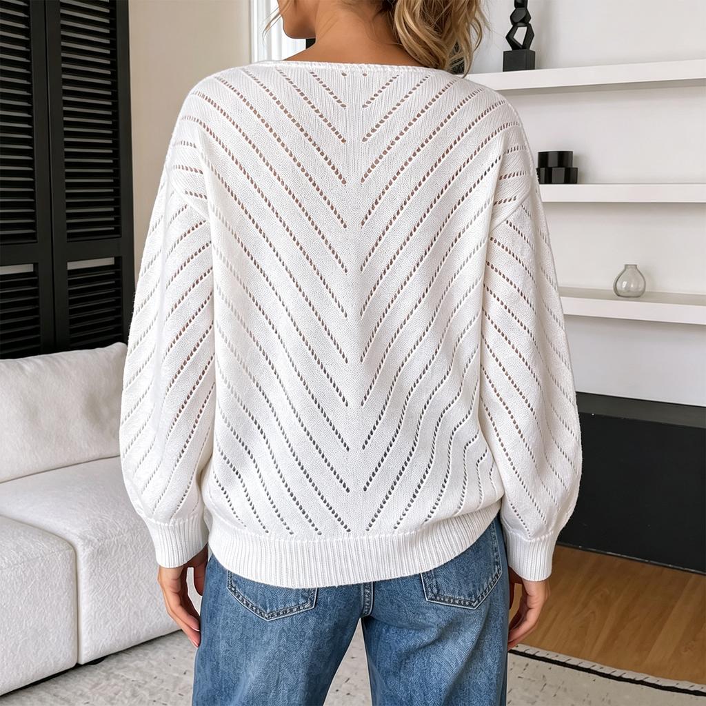 Women's V-Neck Loose Fit Knit Top with Hollow Out Design, Long Sleeve Casual Sweater