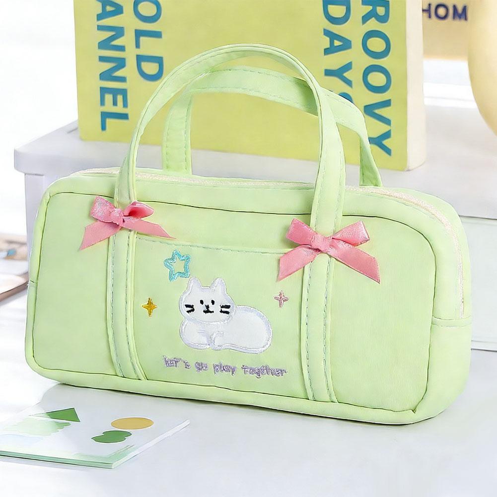 

Large Capacity Cute Embroidery Cat Pencil Case Handheld Bowknot Holds Stationery Pouch For Boys Girls School Students Gift зелёный