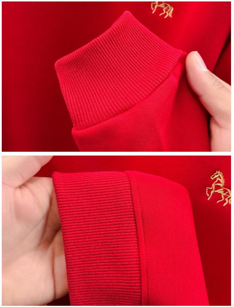 2025 Year of the Horse Men's Red Hoodie - Winter Warmth, Plus Velvet, Thickened, Round Neck