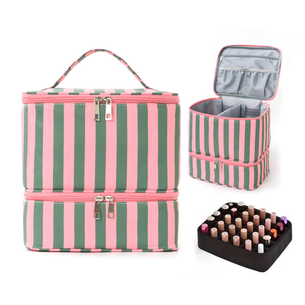 

Double Layer Striped Makeup Bag With Large Capacity For Travel And Daily Use GreenPink
