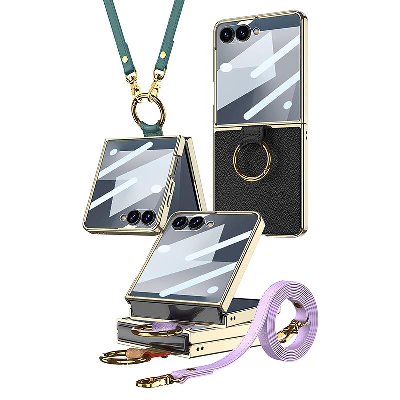Luxury Plating Leather Strap Case for Samsung Galaxy Z Flip 7 6 Back Screen Glass Ring Holder Hard Cover for Galaxy Z Flip7 Case