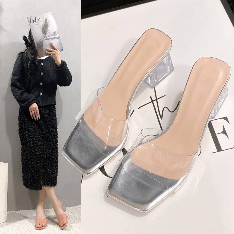 Transparent crystal slippers for women's outer wear 2025 summer new thick high-heeled square-toed open-toed slippers for women's summer outer wear