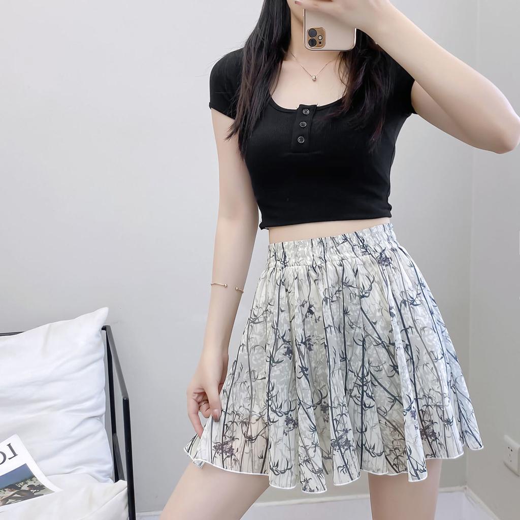 Summer Versatile Chiffon Floral Skirt Female Sweet and Fresh Elastic High Waist Thin A Line Half-body Skirt