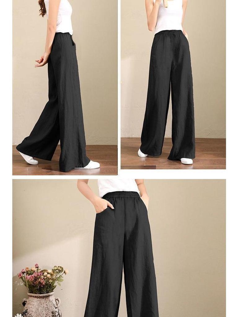 Pantaloni Larghi in Cotone e Lino Taglie Forti da Donna - Vita Elastica, Coulisse, Vestibilità Ampia per Primavera/Estate