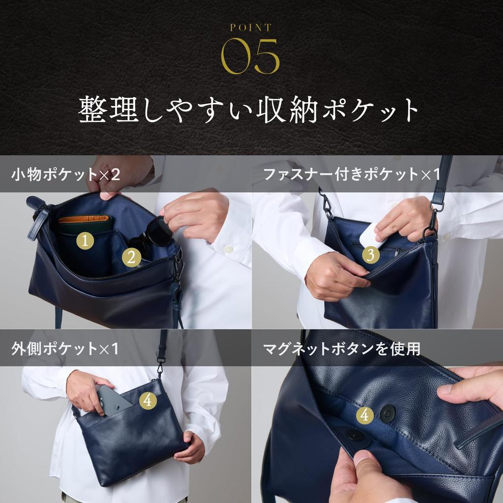 Sacoche made by a top bag genuine large holds 3 plastic shoulder clutch navy [RONDE] craftsman, leather, 4-way, thin, capacity, lightweight, iPad,