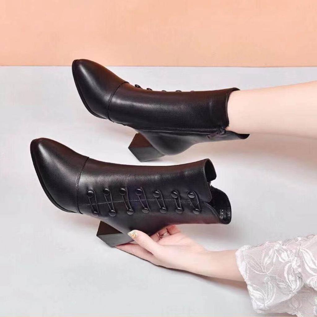 Bottes courtes en cuir souple pour femmes, bottes courtes, automne-hiver, talon moyen, tube moyen, semelles souples, chaussures pour mères, bottes courtes