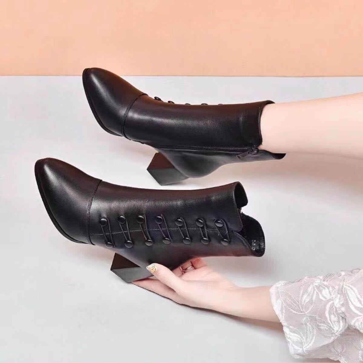 Мягкие кожаные узкие ботинки Короткие ботинки Женские осенне-зимние туфли на среднем — фото 3