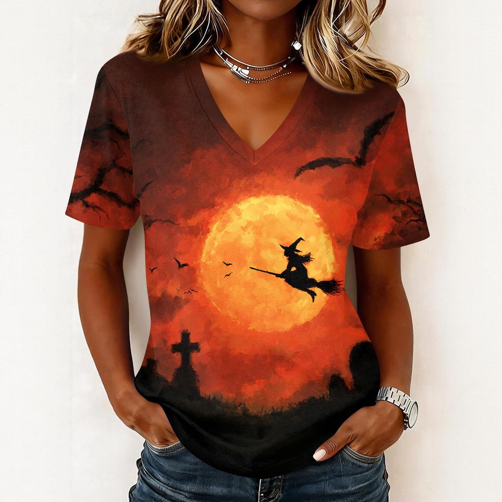 Women's Casual V Neck Pullover Top Halloween Pumpkin Print Short Sleeve Shirt Lightweight Comfortable Fit