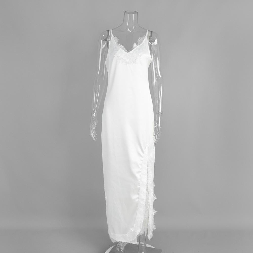 Women's V Neck Sleeveless Slip Maxi Dress Regular Fit High Waist Sexy Elegant Lace Patchwork Split Satin Long Dress