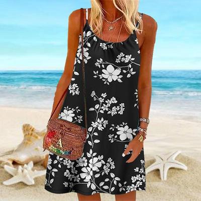 Femei Floare Niște Frumos Camelia Imprimat Mini Rochie Rochie de petrecere fără mâneci Rochie de plajă de vară Rochie de soare