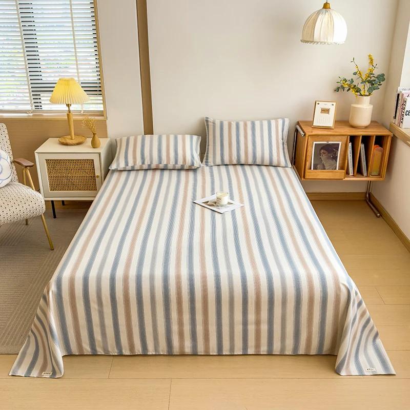 Geometric Plaid Pattern Bed Sheet Set Simple Grid Flat Sheet 100% Cotton Bedding Breathable Durable Sheets with 2 Pillowcases