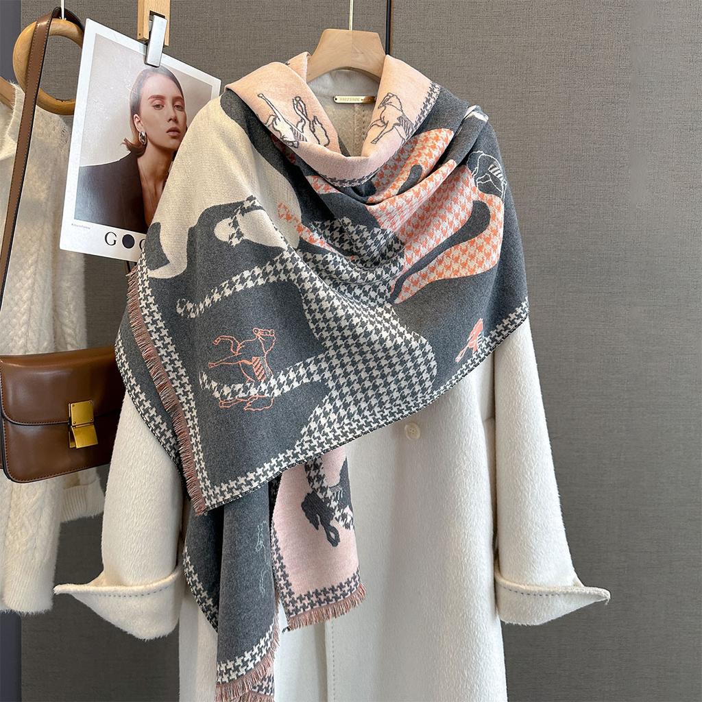 Echarpe New Retro Horse Printed Scarf for Women Luxury Design Outerwear Autumn Winter Thick Warm Neck-protecting Shawl Wrap