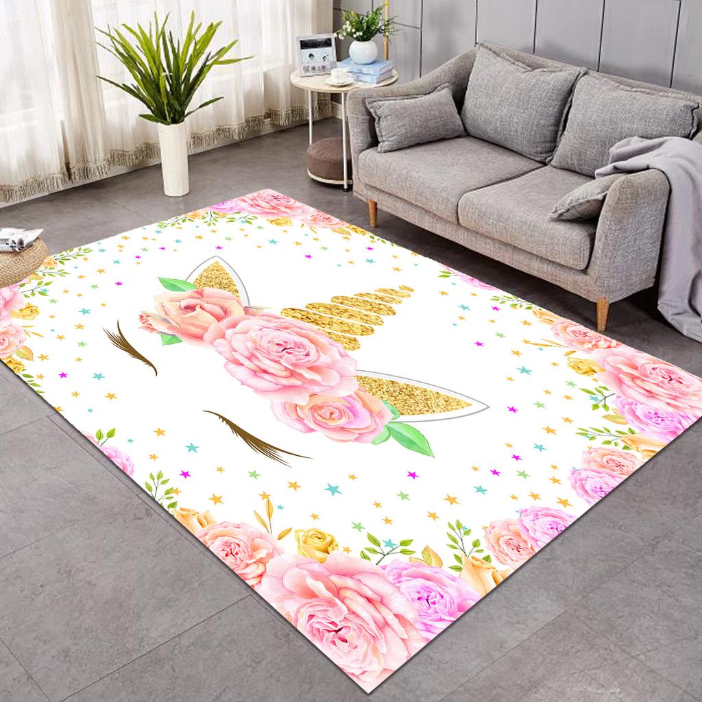 Cute Unicorn Carpet Cartoon Magical Animal Indoor Floor Mat Colourful Floral Area Rug for Kids Girls Living Room Decor Doormat