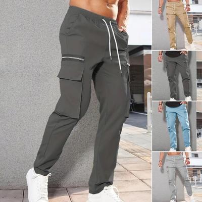Men Cargo Pants Drawstring Elastic Waist Loose Zipper Decor Multi Pockets Solid Color Soft Breathable Mid Waist Men Long Trousers
