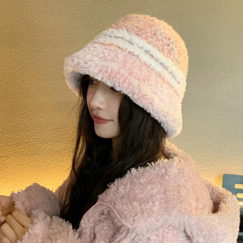 Plush Thickened Hat Women's Color Knitted Bucket Hat Winter Face Small Striped Basin Hat Tide