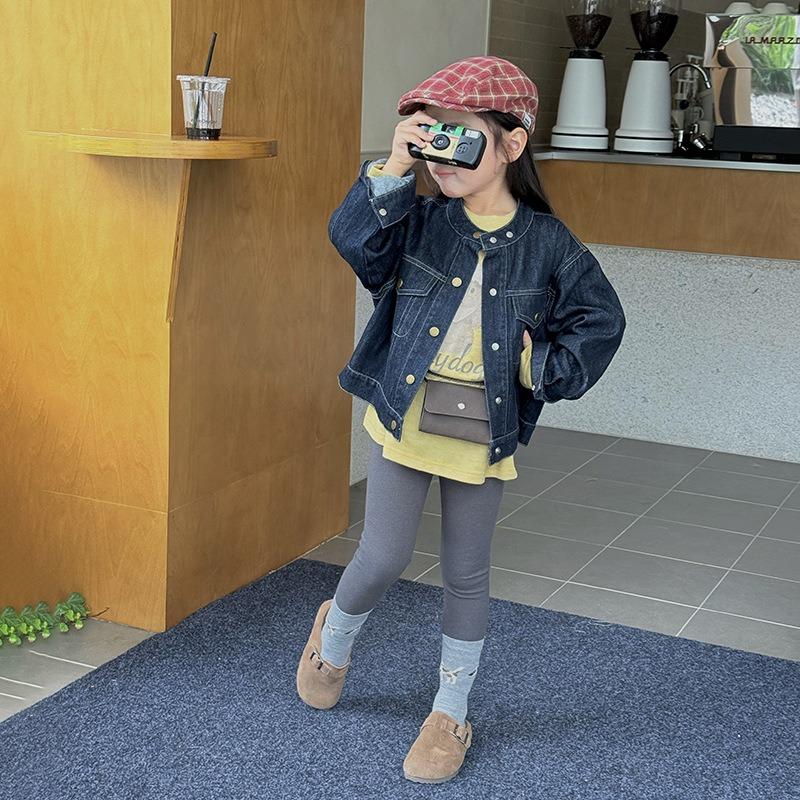 Korean Style Kids Girls Stand Collar Casual Denim Jacket Outerwear