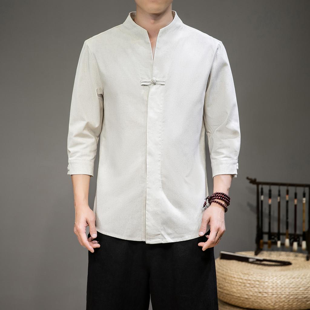 Mens Fashion V-Neck Shirt 2025 Men Harajuku Soild Color Shirts Male Casual Loose Retro Shirt Chinese Style Kimono Shirt