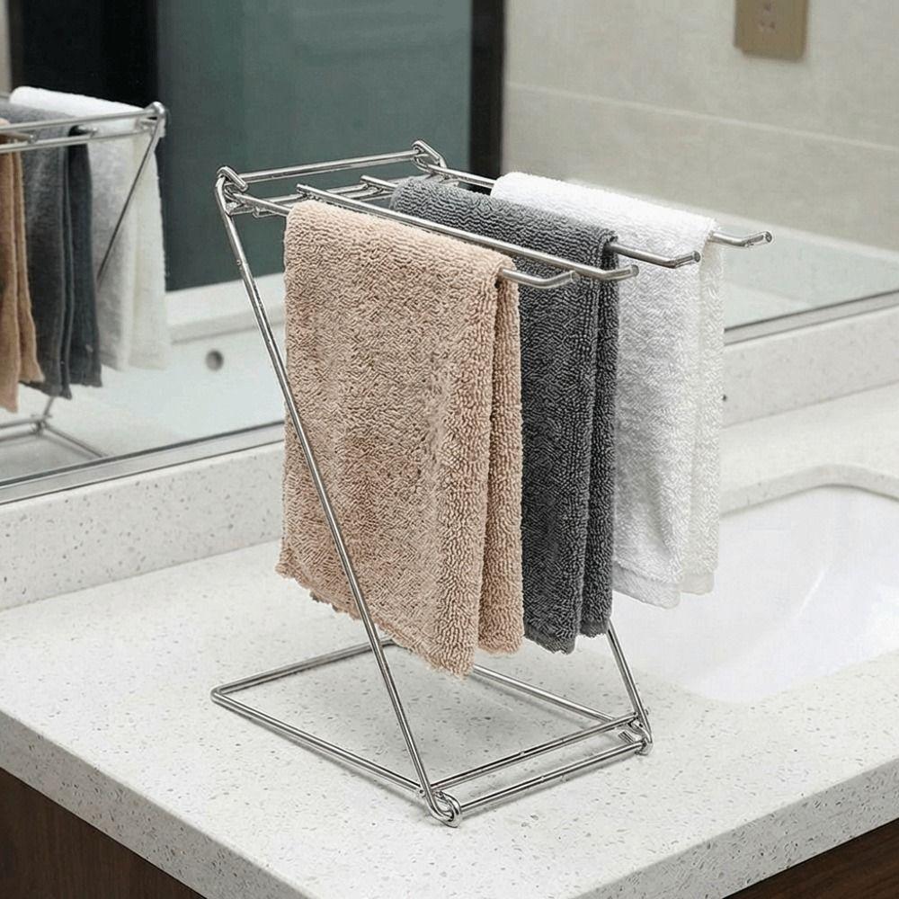 Stainless Steel Dishcloth Hanging Shelf 4 Rods Foldable Design Rag Drain Holder Quick Dry Portable Sink Hand Towel Stand