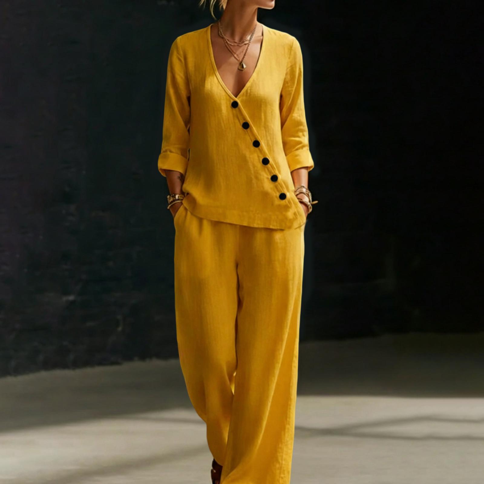 

Women s Color Temperament Loose V-neck Button Shirt Wide Leg Pants Two-piece Set S