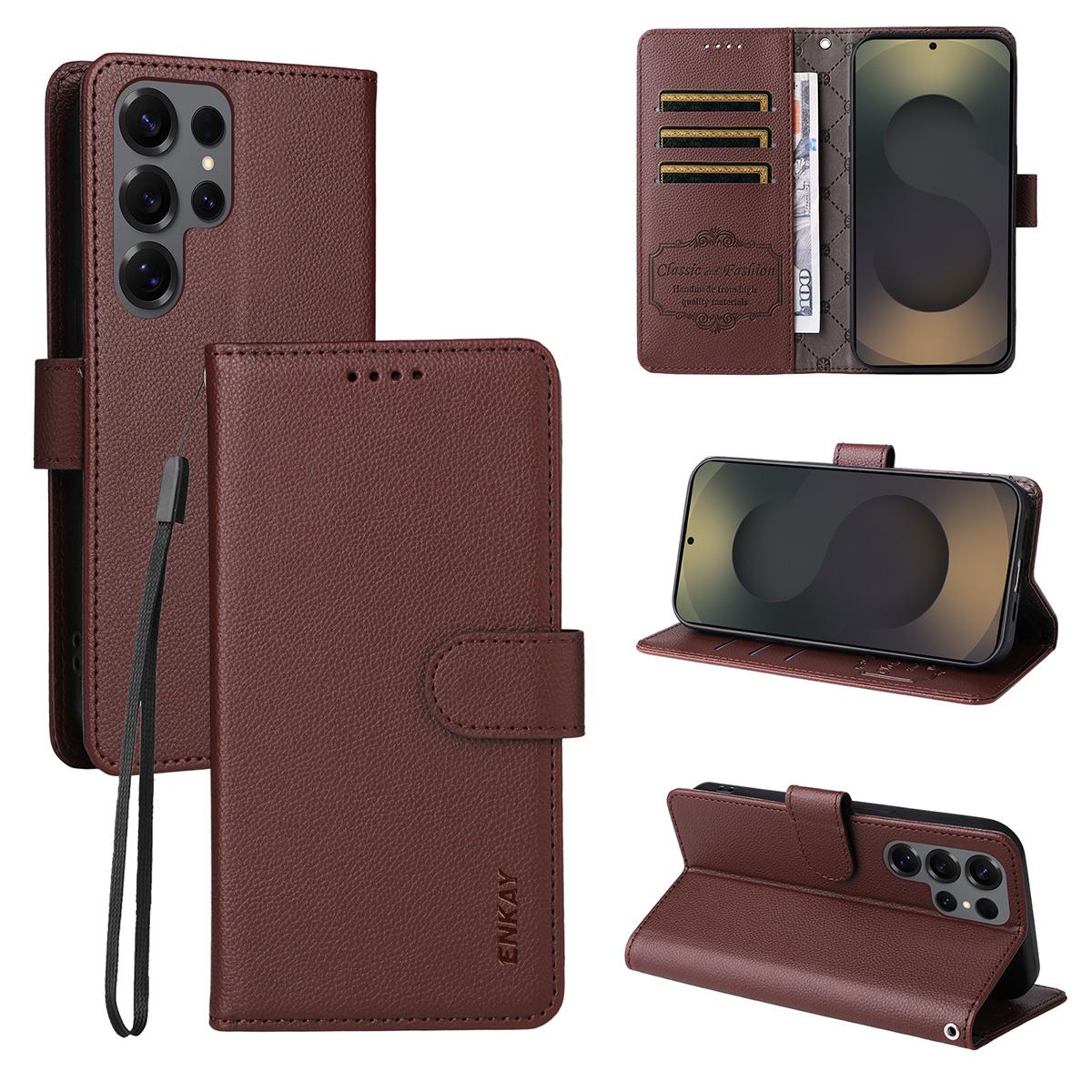 

For Samsung Galaxy S25 Ultra Wallet Case with Strap RFID Blocking Leather Stand Phone Cover Brown