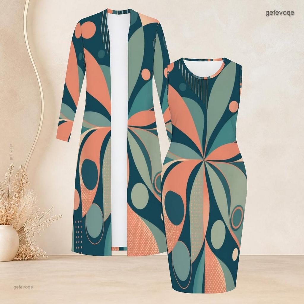 Women Plus Size Printed Two Piece Set Long Sleeve Open Front Cardigan Sleeveless Bodycon Dress