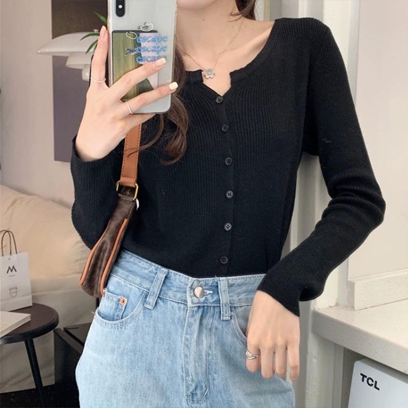 Fall Winter V Neck Knit Top Women Thin Long Sleeve Solid Short Cover Up Slim Sweater Cardigan Coat