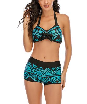 Women's Premium Blue Pattern Bowknot Bikini Swimsuit Summer Travel Sexy Busty Tankini Shorts S-6XL