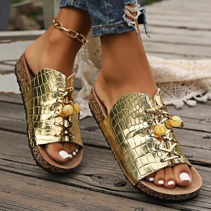 Fashion 2024 New Fashion Open Toe Women's Summer Slippers Flat Beach Lace Up Sandals Open Toe Sexy Women's Slippers Zapatos Mujer