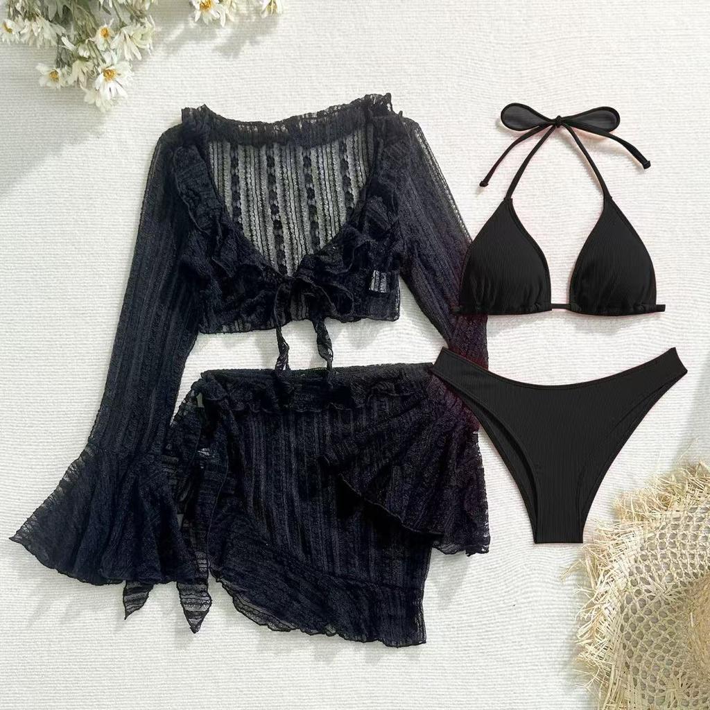 Sexy Women Thong Solid Color Bikini Set Side Halter Tie Swimsuit Ladies Split Strap Adjustable Brazilian Swimwear Beachwear Four-piece Bikini Swimsuit