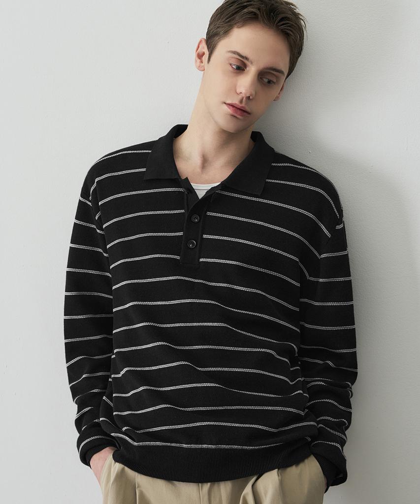 DRAW FIT Wool Supple Stripe Collar Knit [Black]