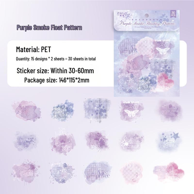 Paper Trace PET Sticker Pack: Ink-Dyed Starry Sky Series with 6 Color Themes & Scenery Base - 30 Sheets Included