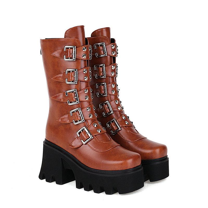 Projektowe Botki Damskie Gotyckie Buty Platforma Wysokie Buty Punkowe Czarne Seksowne Damskie Buty Motocyklowe Halloween Cosplay Damskie Buty