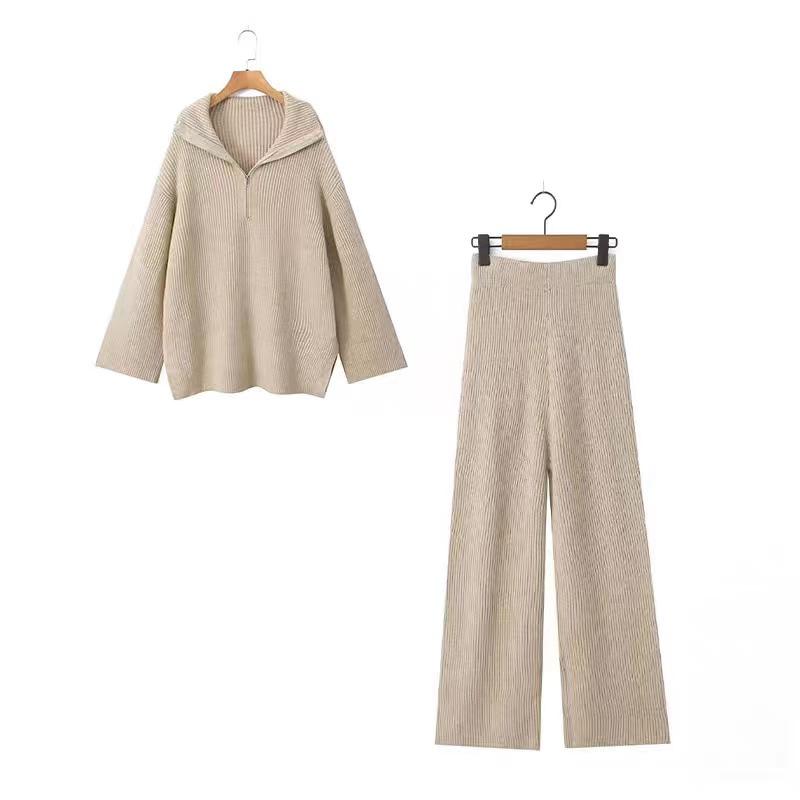 

Женский трикотажный комплект из двух предметов: Свободный свитер в ленивом стиле и широкие брюки с высокой талией One Size хаки