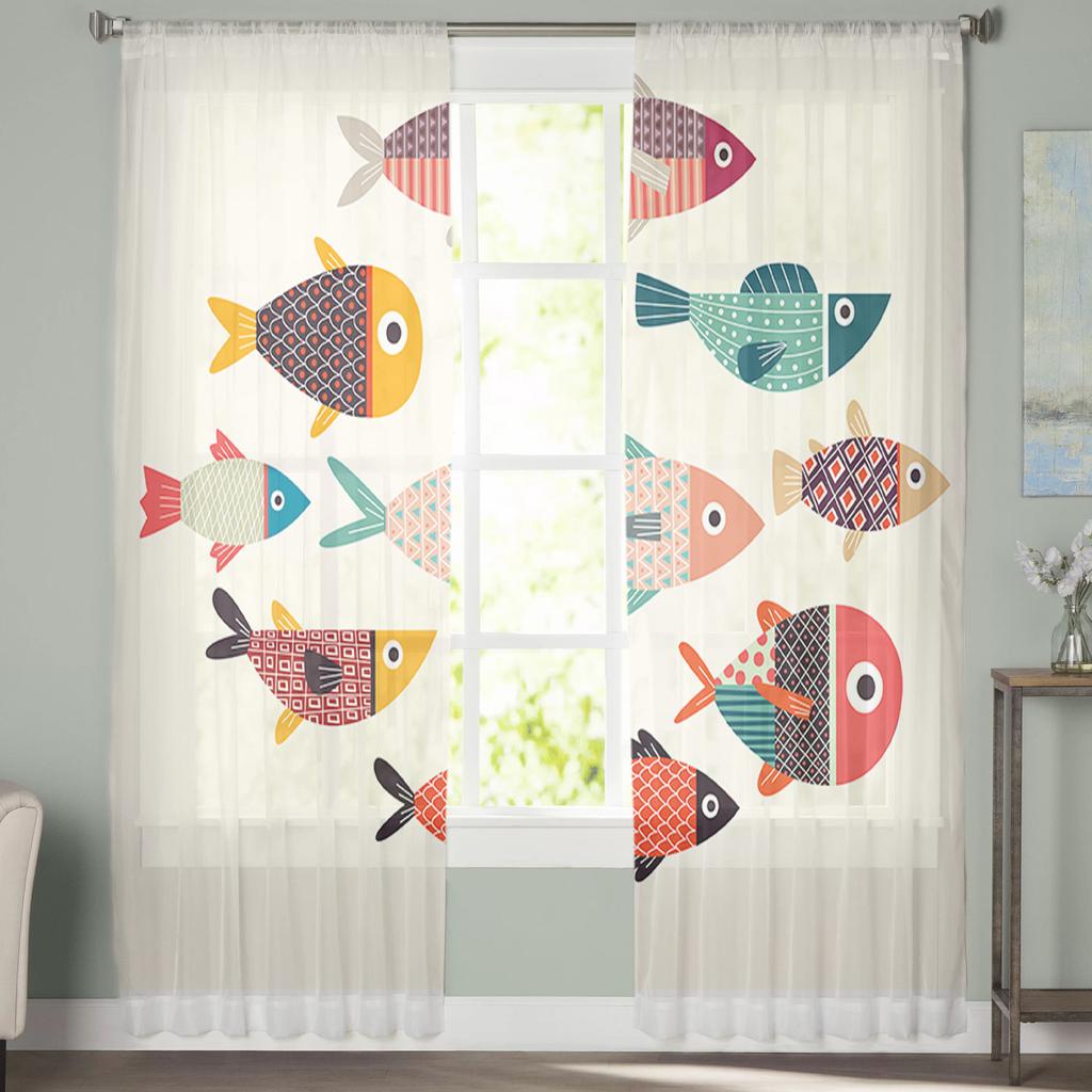 Cartoon-Fisch-Tüll-transparente Fenstervorhänge für Wohnzimmer, Küche, Kinderschlafzimmer, Voile-Hängevorhang