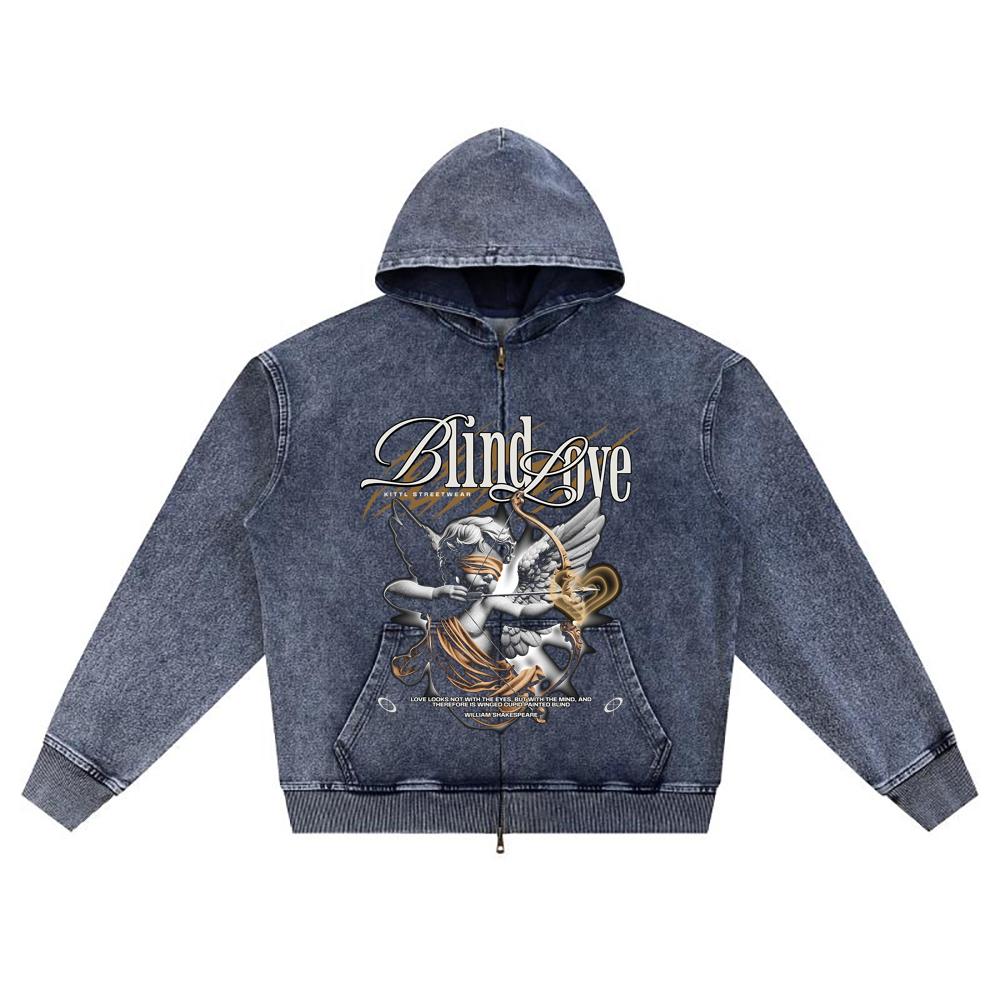 

DTG print Knitted Denim Zip-Up Hoodie Blind Love Brother Print Zipper Hoodies XL темно-синий