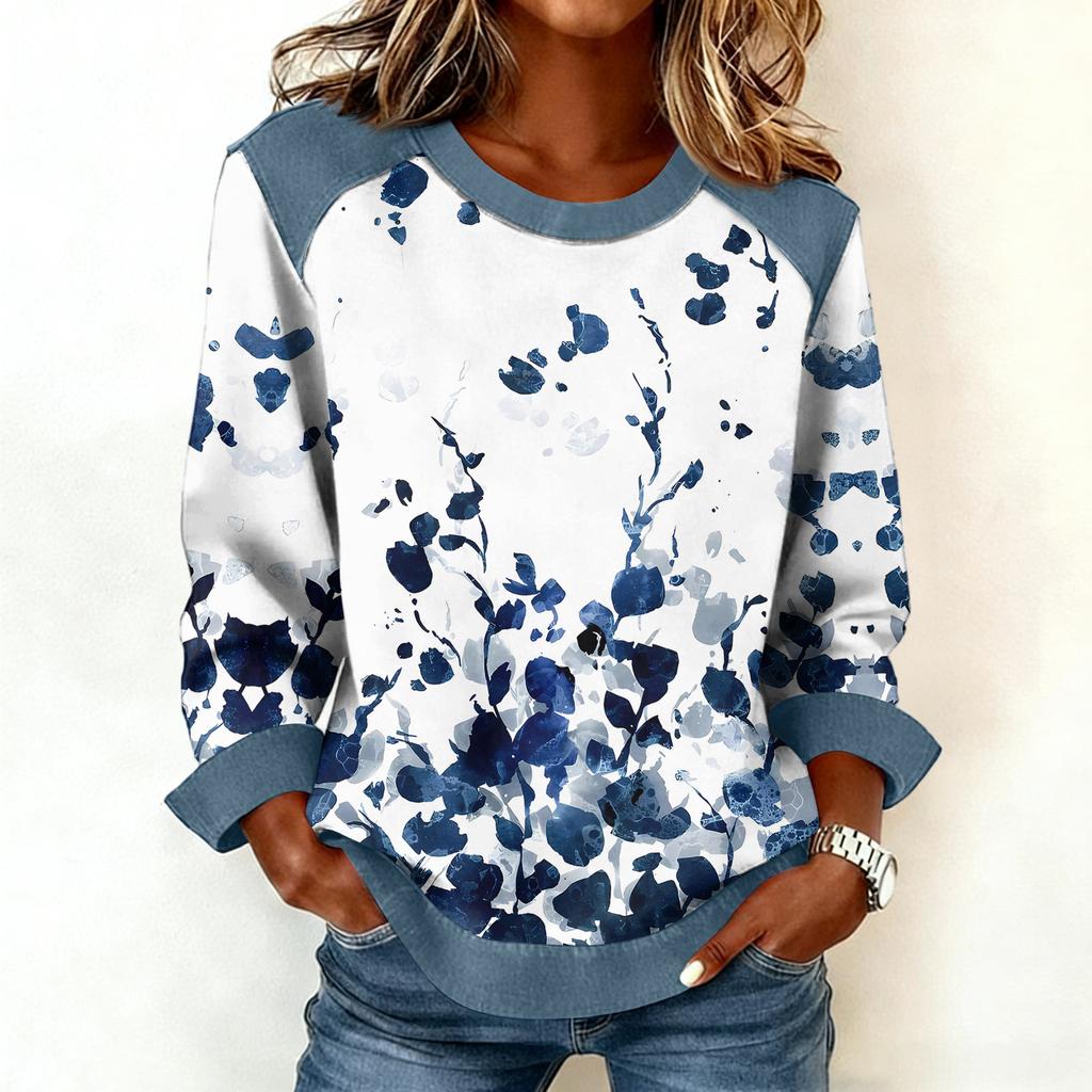 Dames sweatshirt met denim kraag en patchworkstiksels, casual trui met lange mouwen.