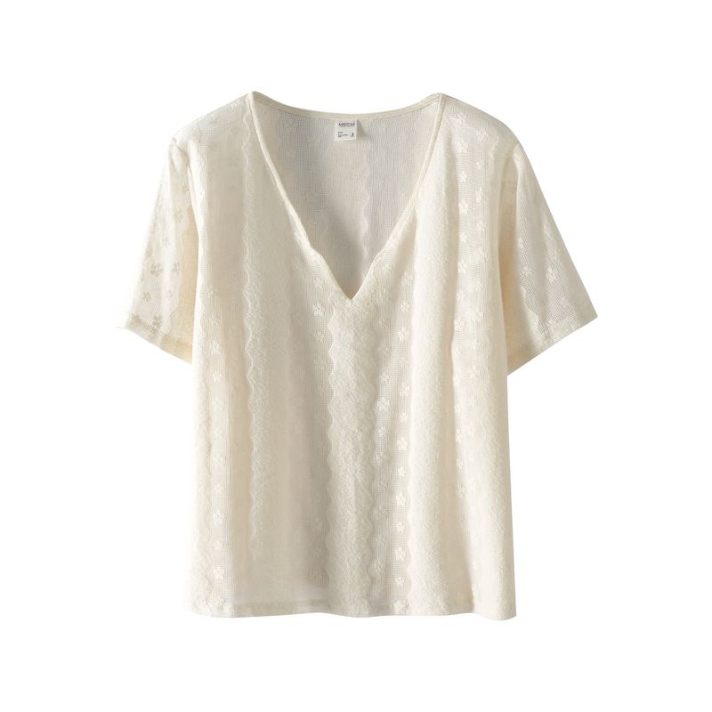 Plus size women clothing [French style Hollow Knit] Chubby Girl Thin Summer Artistic Jacquard Loose Short sleeve V-neck T-shirt