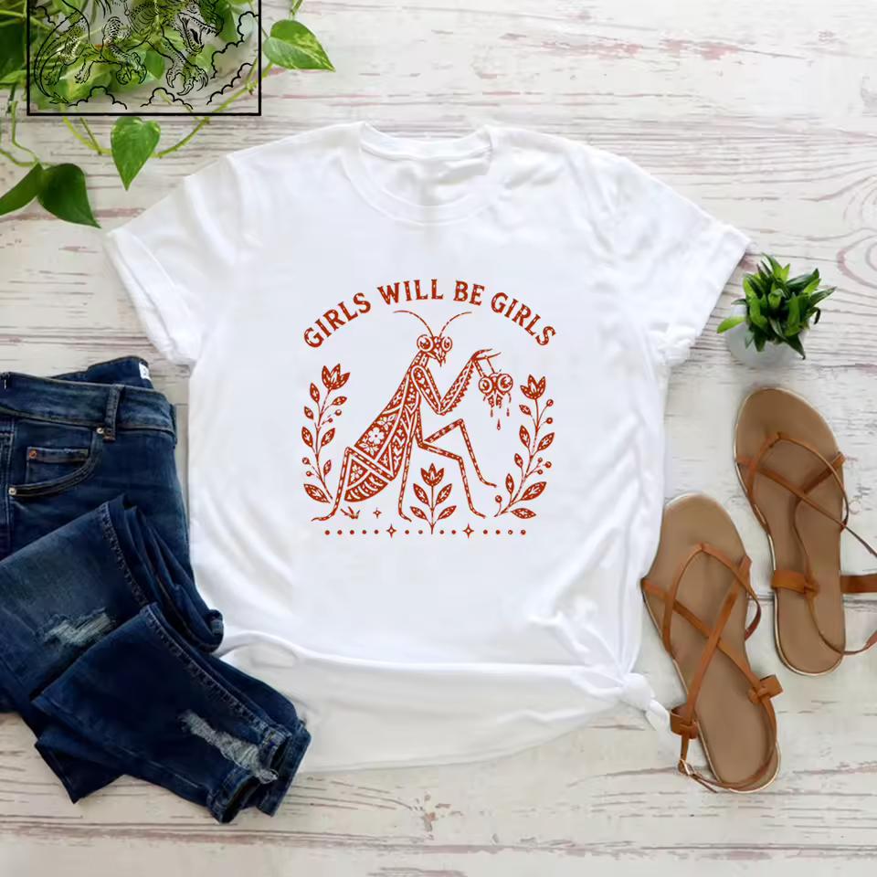 Le Ragazze Saranno Ragazze Mantide Religiosa T-shirt da Donna Grafica di Insetto Femminista Maglietta Vintage Botanica Mantide Top Regalo per Amanti della Natura