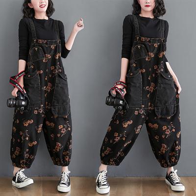 Spring Summer Women's Loose Jeans Black Jumpsuit  Casual Oversized Baggy Cargo Pants Big Pockets Print Floral Denim Overalls Straps Jean Rompers