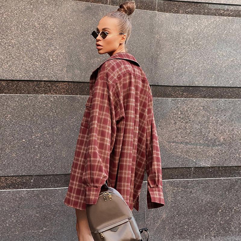 Chemises à carreaux vintage décontractées pour femmes, blouse ample à manches longues boutonnée sur le devant, printemps, surdimensionnée, classique, hauts high street