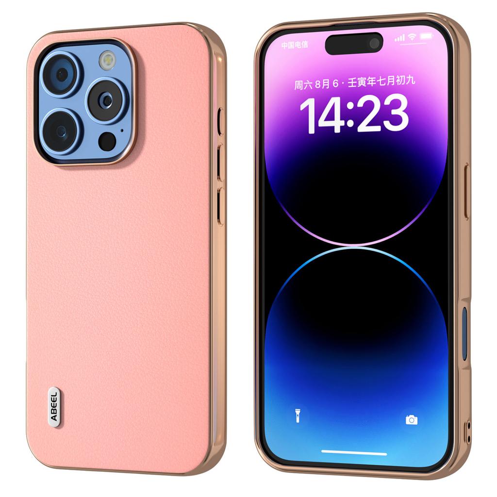 ABEEL For iPhone 16 Pro Case Electroplating Edge Genuine Cow Leather+PC+TPU Phone Cover