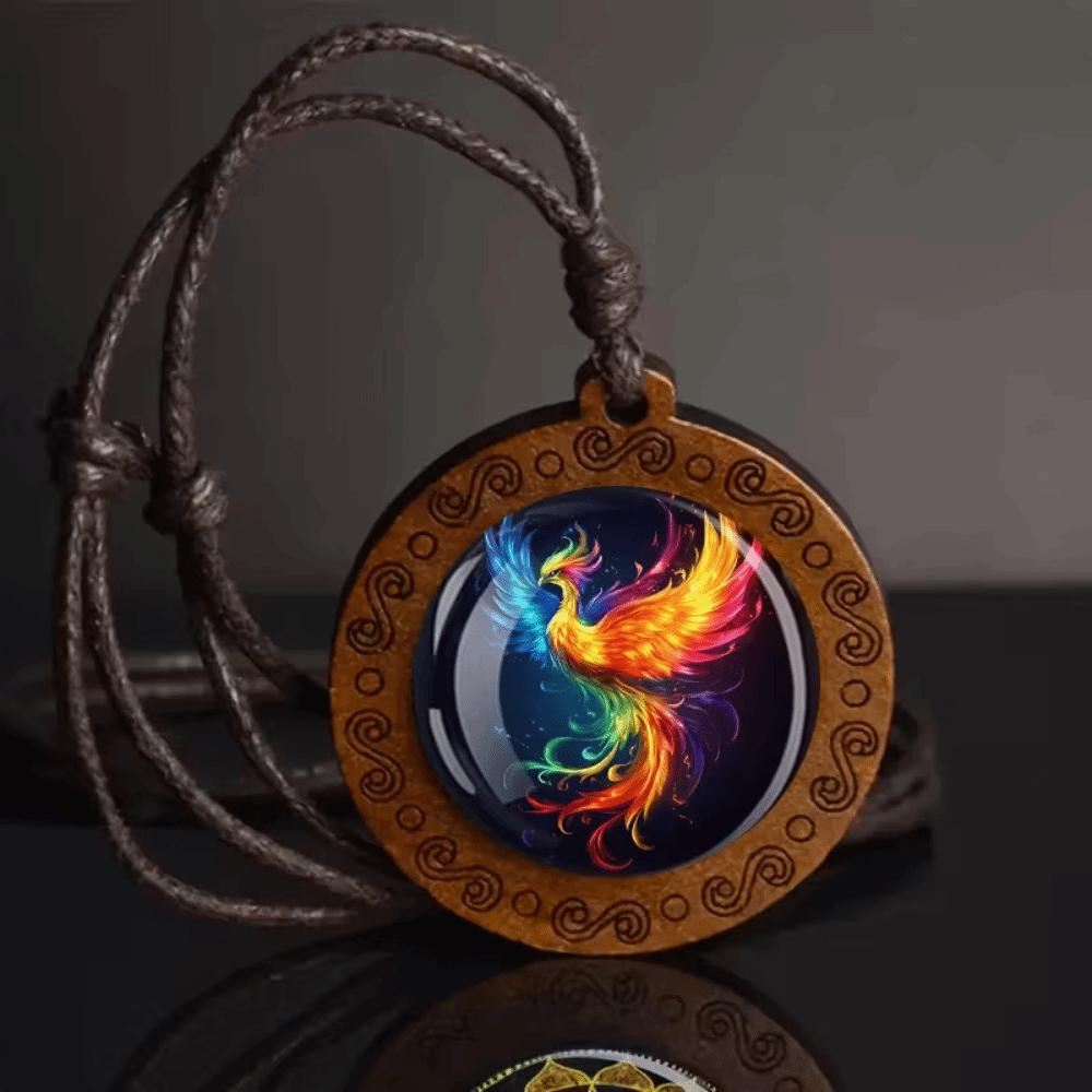 Vintage Dragon Phoenix Sweater Chain Leather Chain Boho Wooden Pendant Handmade Long Collar Decoration for Women Men