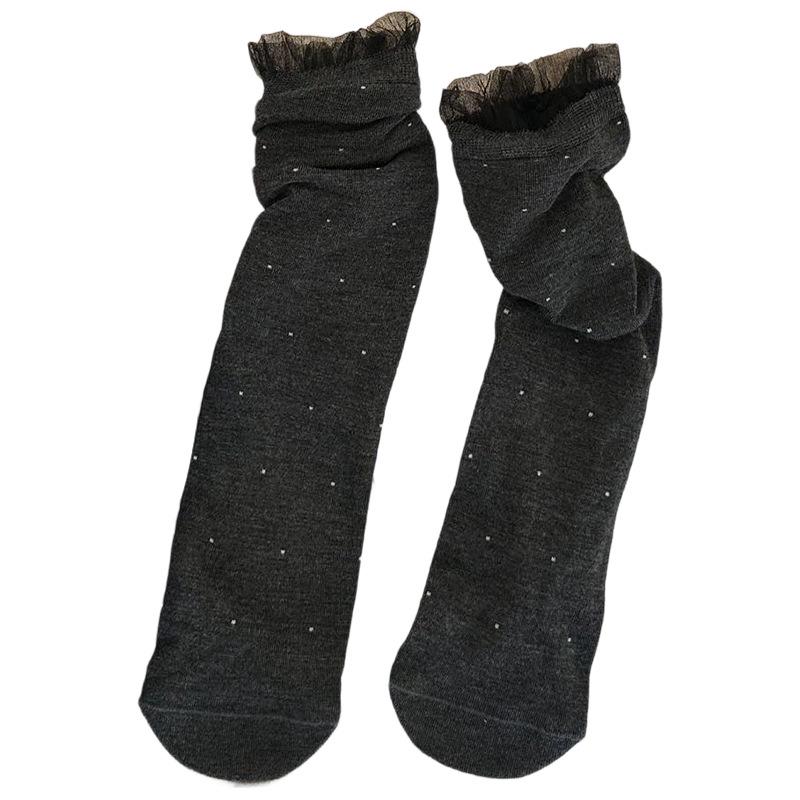 Miu Style Women’s Polka Dot Lace Trim Mid-Calf Slouch Socks - Thin, Breathable, Trendy, Seamless Cotton for Spring/Summer.