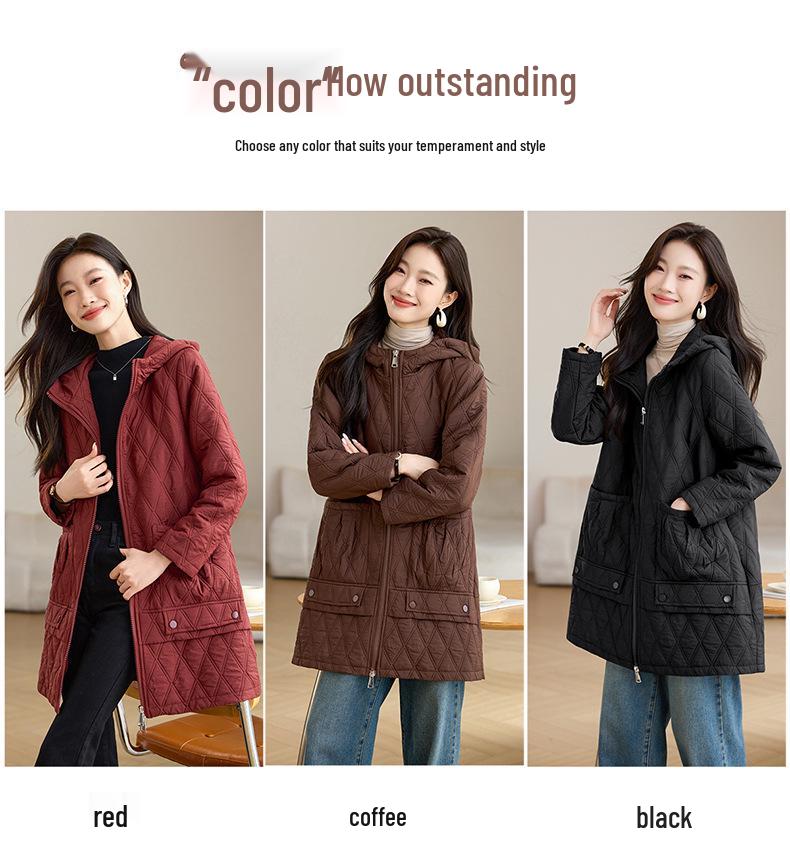 2024 Women's Mid-Length Hooded Cotton Coat: Stylish Autumn/Winter Fashion for Middle-Aged and Elderly