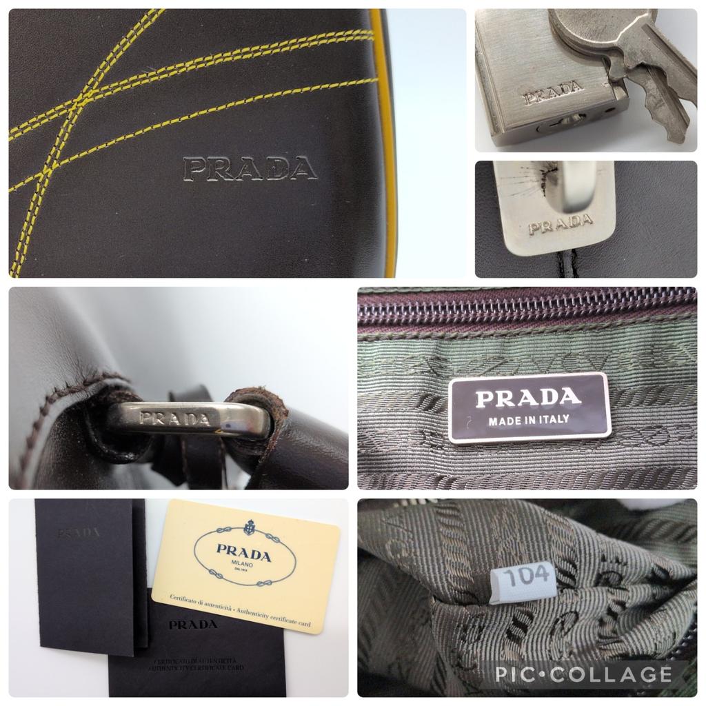 Prada 2000 FW Archive Y2K 2000 1990s 00s Bowling Bag Mini Boston Handbag Chocolate Brown Mustard Yellow Stitching Genuine Leather
